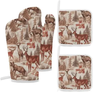 Animal Wilderness Bear Deer Oven Mitts and Pot Holders Sets of 4 High Heat Resistant Non-Slip Oven Gloves Hot Pads Cooking Gloves for Kitchen Cooking Baking Grilling BBQ