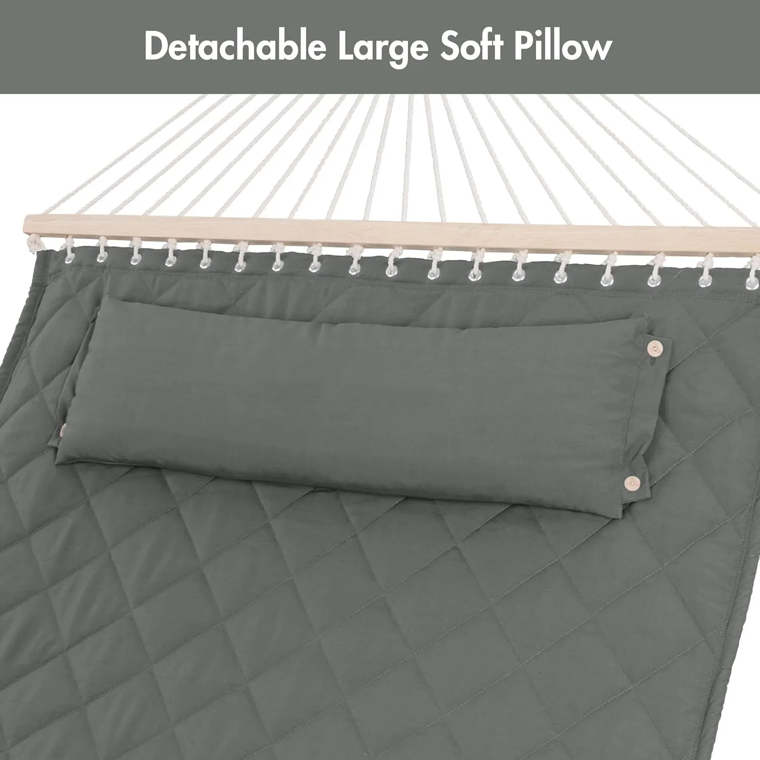 ANOW 2 Person Hammock with Spreader Bars and Detachable Pillow, Quilted Hammock for Outdoors Indoors, 450 LBS Weight Capacity, Gray