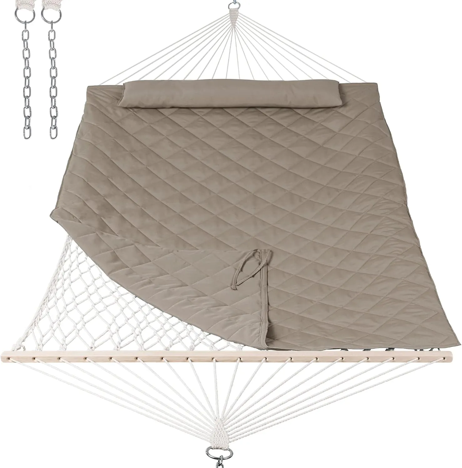 ANOW 2 Person Hammock with Spreader Bars, Rope Hammock with Pad for Outside, 450 LBS Weight Capacity, Light Brown