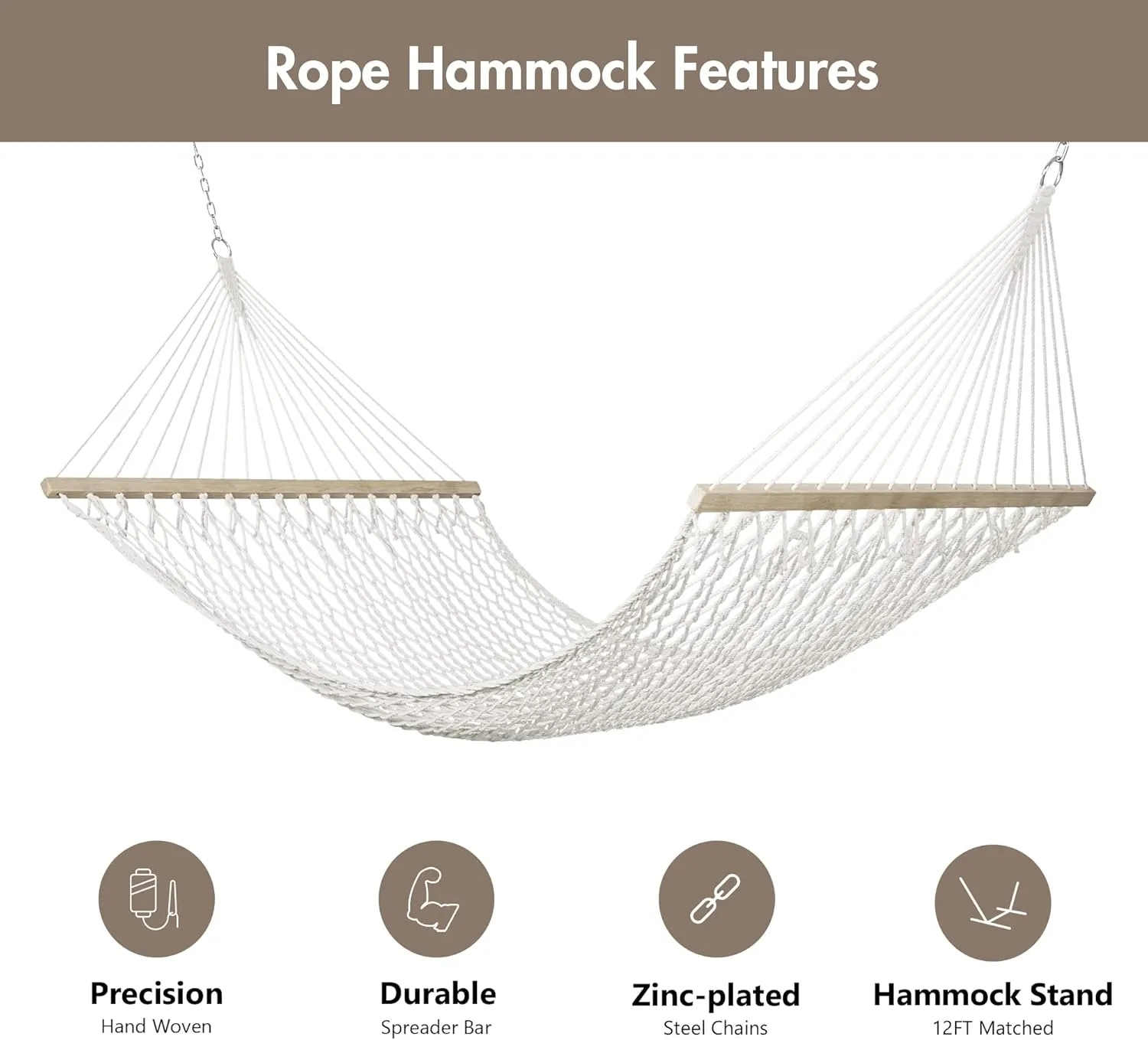 ANOW 2 Person Hammock with Spreader Bars, Rope Hammock with Pad for Outside, 450 LBS Weight Capacity, Light Brown