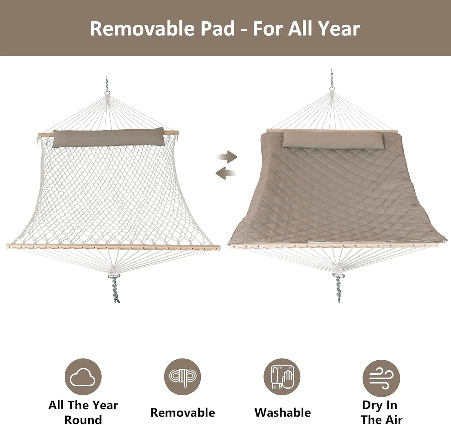 ANOW 2 Person Hammock with Spreader Bars, Rope Hammock with Pad for Outside, 450 LBS Weight Capacity, Light Brown