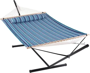 ANOW Double Hammock with Stand 12FT, Heavy Duty Hammock with Stand for Outdoors, 450 LBS Weight Capacity, Blue Stripes