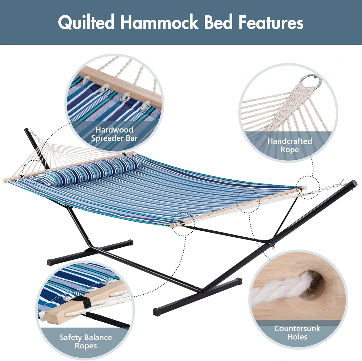 ANOW Double Hammock with Stand 12FT, Heavy Duty Hammock with Stand for Outdoors, 450 LBS Weight Capacity, Blue Stripes