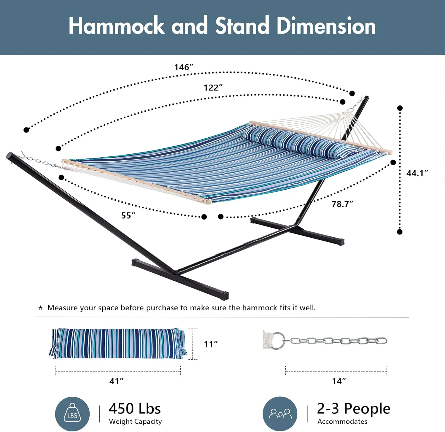 ANOW Double Hammock with Stand 12FT, Heavy Duty Hammock with Stand for Outdoors, 450 LBS Weight Capacity, Blue Stripes