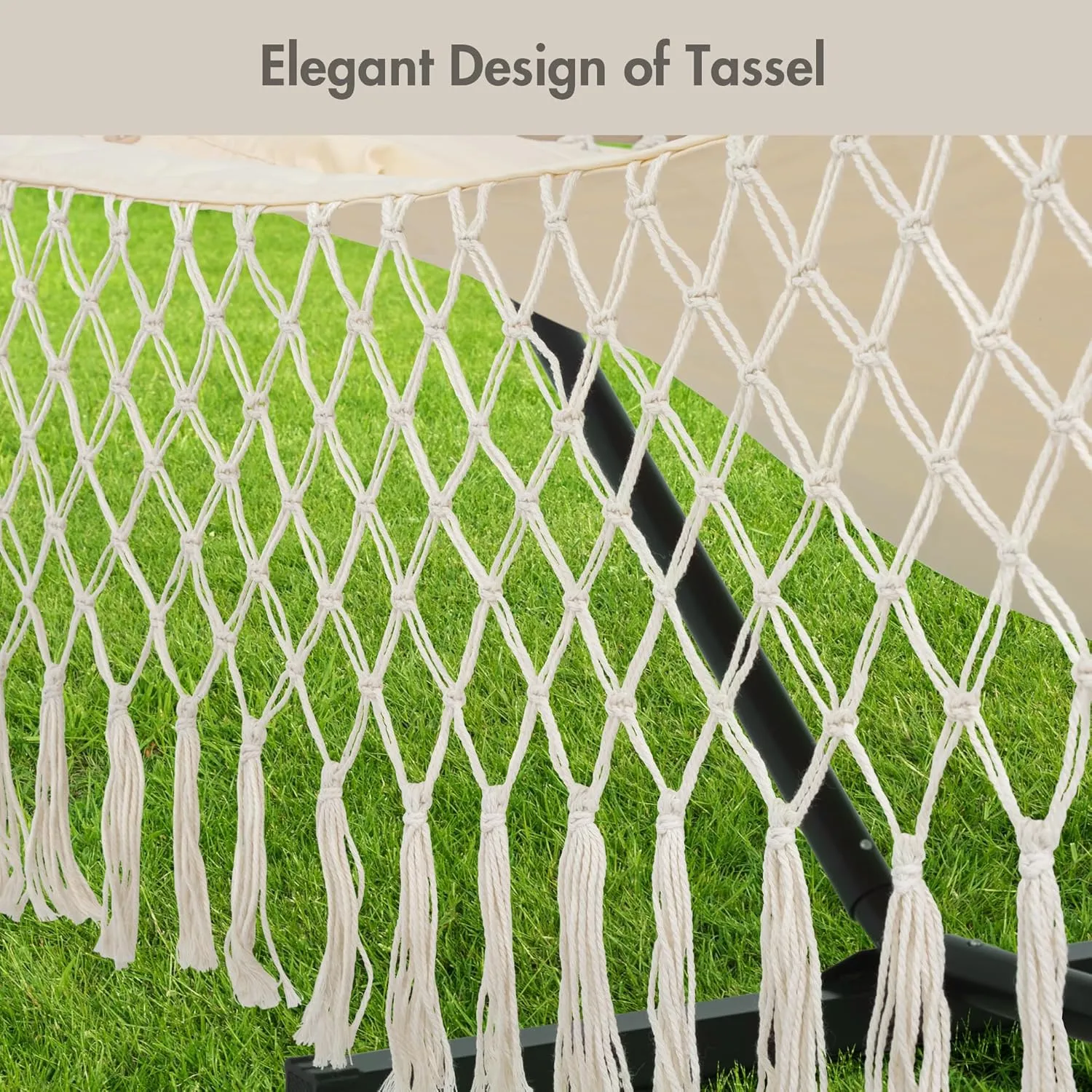 ANOW Outdoor Hammock with Tassels and 12 Feet Heavy Duty Steel Stand, Two Person Hammock with Stand Included, 450 LBS Weight Capacity, Cream
