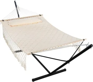 ANOW Outdoor Hammock with Tassels and 12 Feet Heavy Duty Steel Stand, Two Person Hammock with Stand Included, 450 LBS Weight Capacity, Cream
