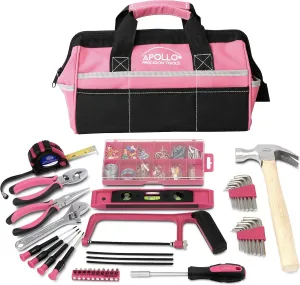 Apollo Tools 201 Piece Home Tool Set, Pink Tool Set Includes Hacksaw, Picture Hanging Assortment, and Selection of Most Needed Tools in Sturdy Tool Bag - Pink Ribbon - DT0020P