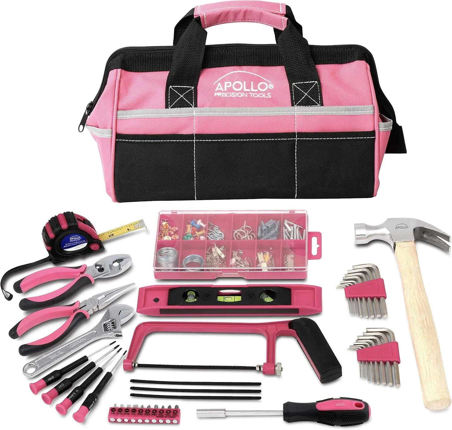 Apollo Tools 201 Piece Home Tool Set, Pink Tool Set Includes Hacksaw, Picture Hanging Assortment, and Selection of Most Needed Tools in Sturdy Tool Bag - Pink Ribbon - DT0020P