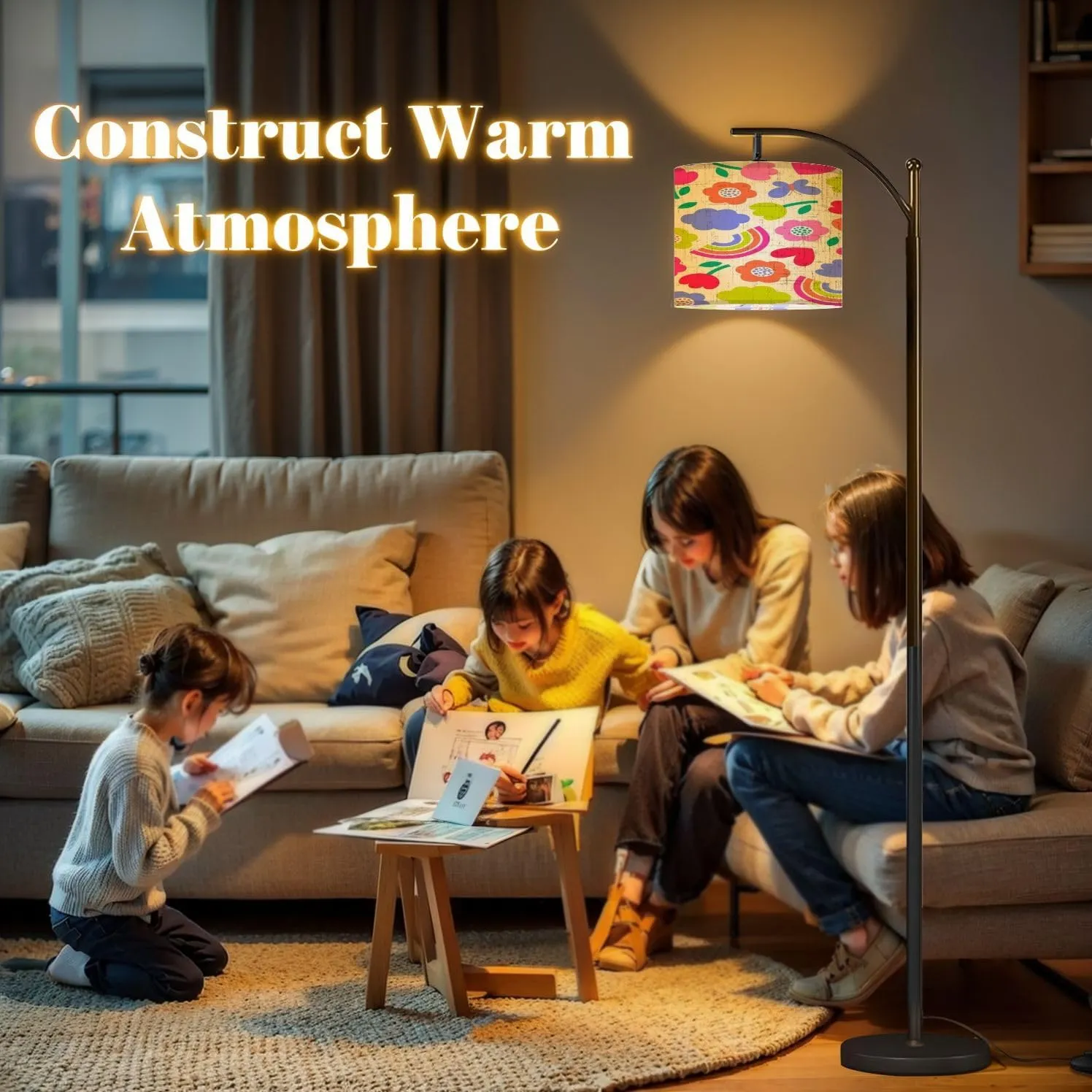 Arc Floor Lamps Colorful Cute Floral Rainbow Seamless Pattern Modern LED Adjustable Lampshade Standing Light for Living Room Reading Bedroom Office