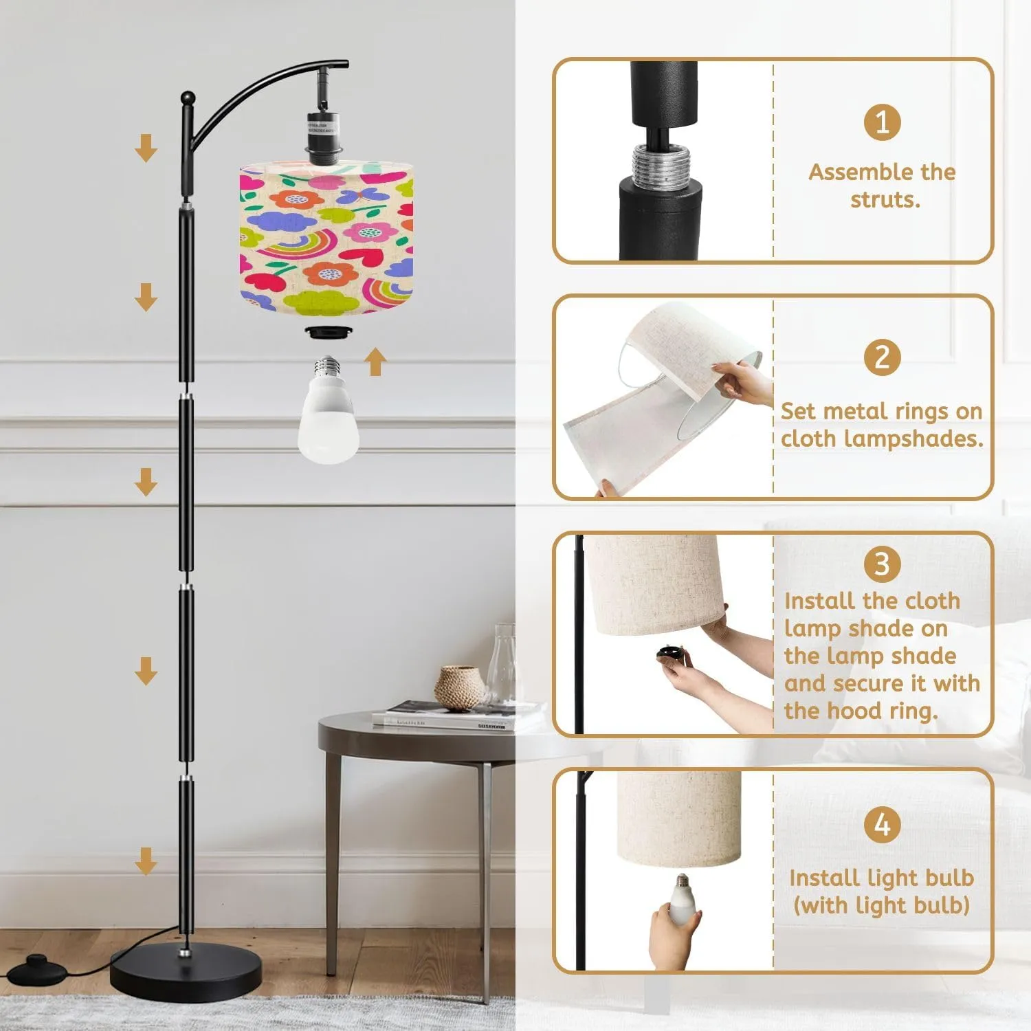 Arc Floor Lamps Colorful Cute Floral Rainbow Seamless Pattern Modern LED Adjustable Lampshade Standing Light for Living Room Reading Bedroom Office