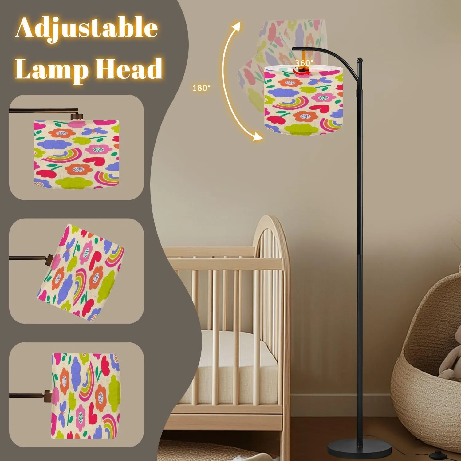 Arc Floor Lamps Colorful Cute Floral Rainbow Seamless Pattern Modern LED Adjustable Lampshade Standing Light for Living Room Reading Bedroom Office