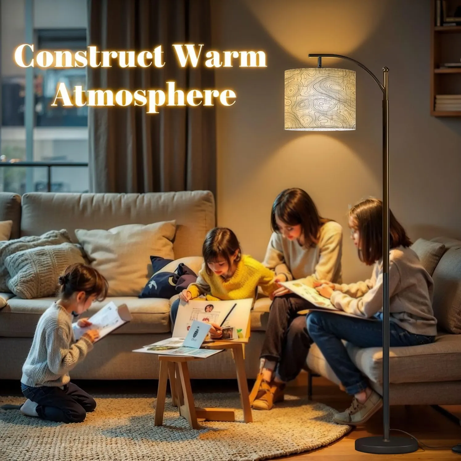 Arc Floor Lamps Contour Topographic map Topography Geography map Grid Abstract Modern LED Adjustable Lampshade Standing Light for Living Room Reading Bedroom Office