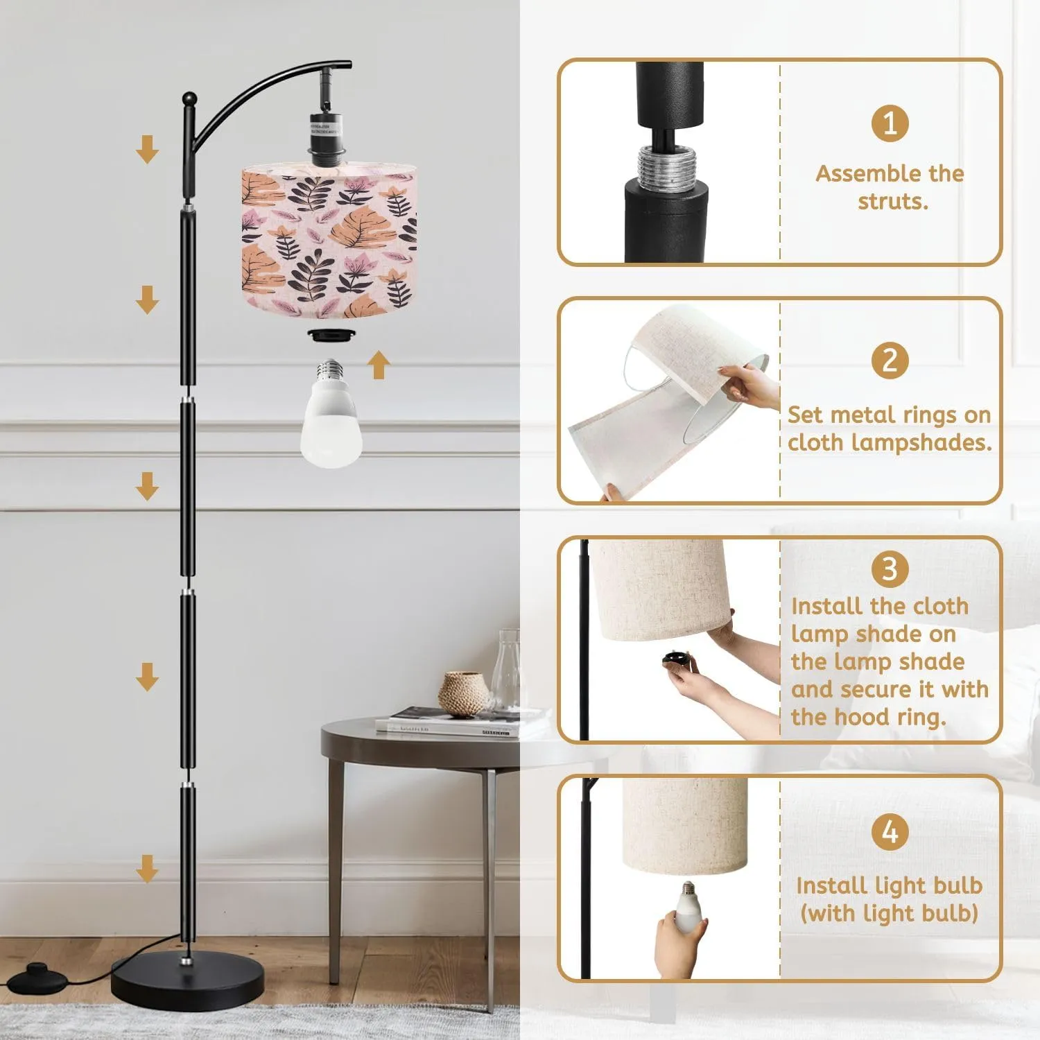 Arc Floor Lamps Floral Pattern Leaves Modern LED Adjustable Lampshade Standing Light for Living Room Reading Bedroom Office