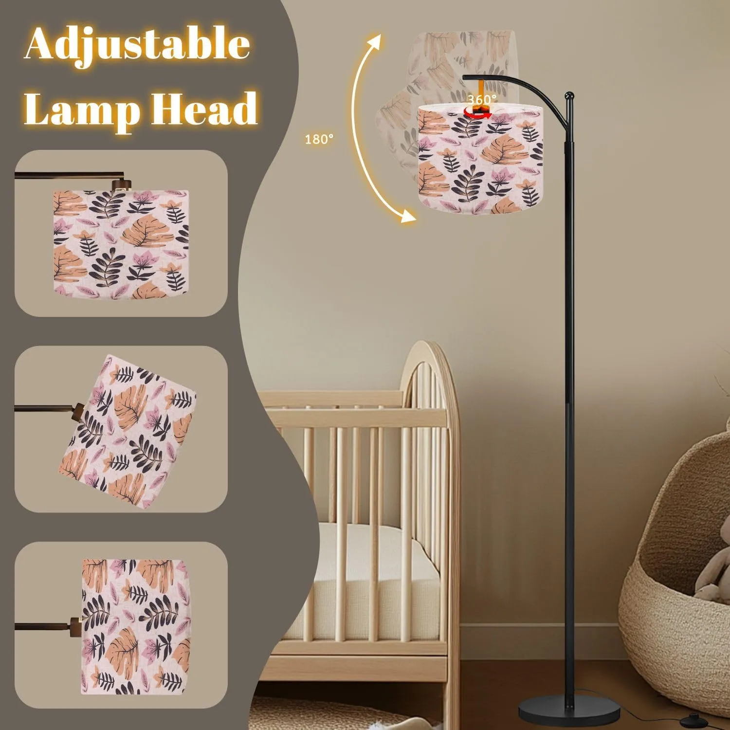 Arc Floor Lamps Floral Pattern Leaves Modern LED Adjustable Lampshade Standing Light for Living Room Reading Bedroom Office