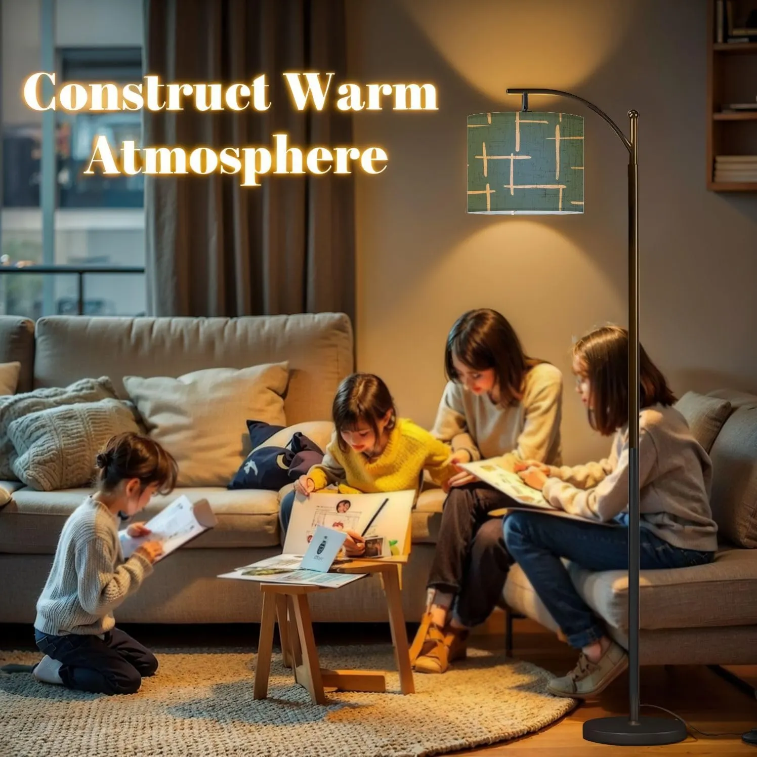 Arc Floor Lamps Minimalist Trendy Abstract Seamless Pattern Line Art Illustrations Modern LED Adjustable Lampshade Standing Light for Living Room Reading Bedroom Office