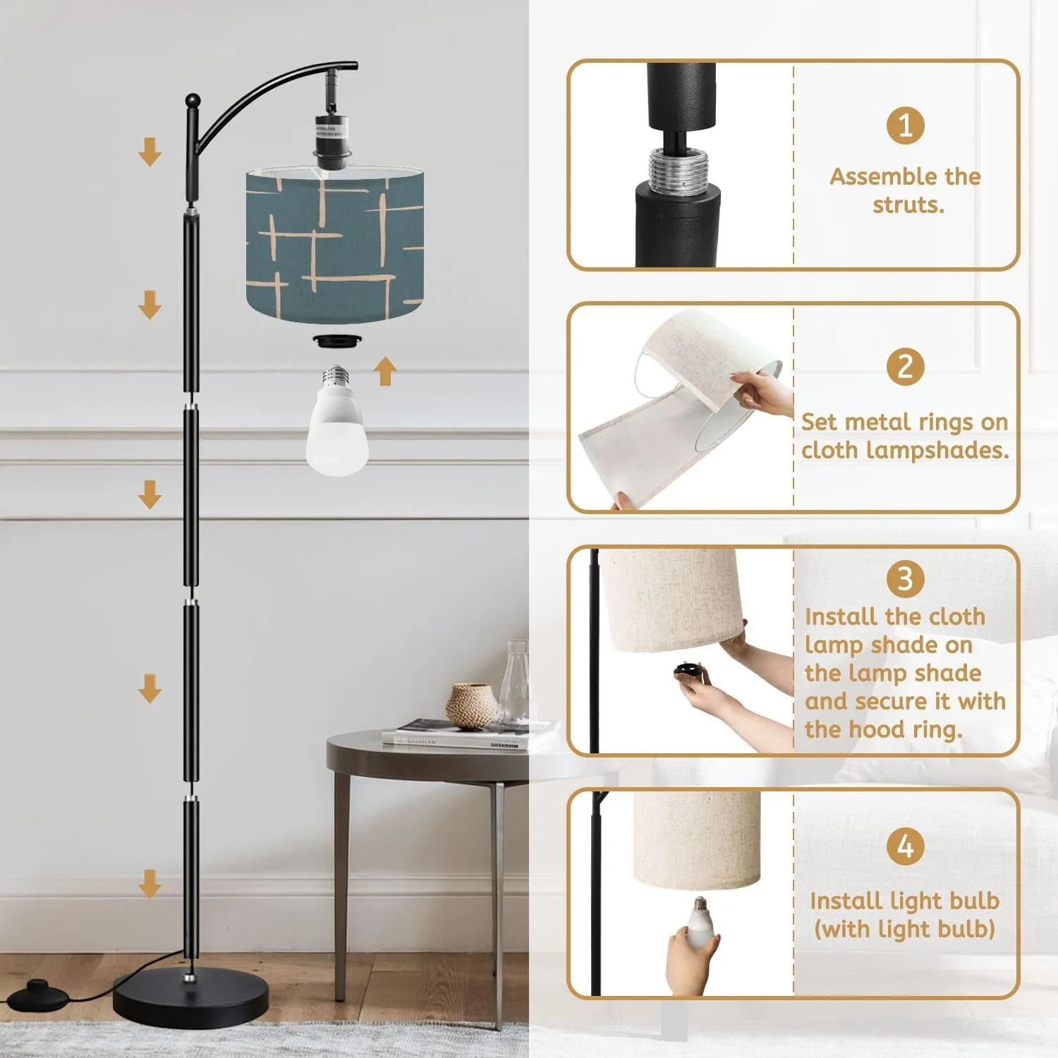 Arc Floor Lamps Minimalist Trendy Abstract Seamless Pattern Line Art Illustrations Modern LED Adjustable Lampshade Standing Light for Living Room Reading Bedroom Office