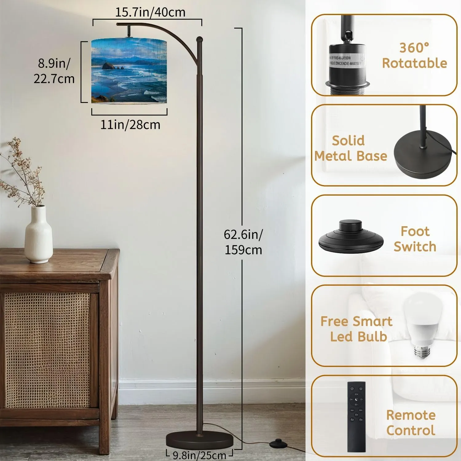Arc Floor Lamps Oregon Coast Modern LED Adjustable Lampshade Standing Light for Living Room Reading Bedroom Office