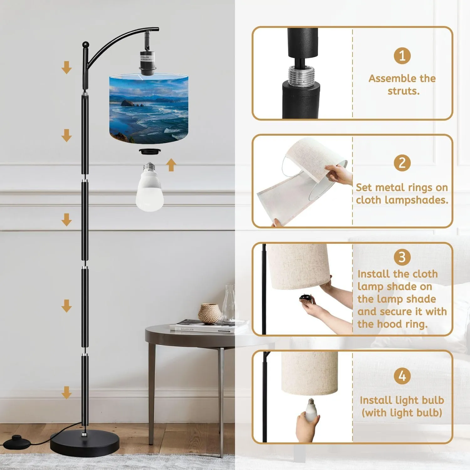 Arc Floor Lamps Oregon Coast Modern LED Adjustable Lampshade Standing Light for Living Room Reading Bedroom Office