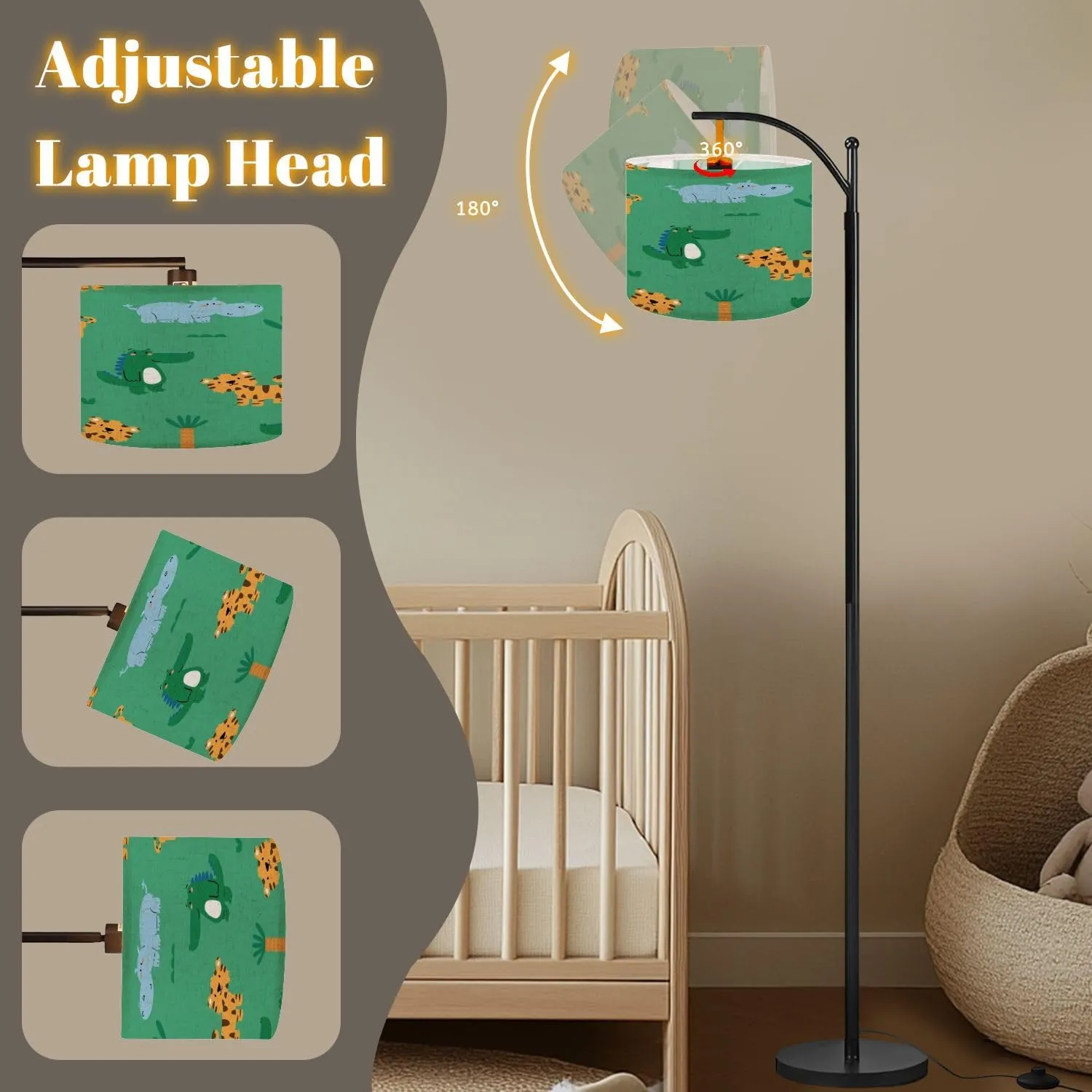 Arc Floor Lamps Pattern Design for Baby Fashion Cute Tiger Alligator Hippo Drawing as Modern LED Adjustable Lampshade Standing Light for Living Room Reading Bedroom Office
