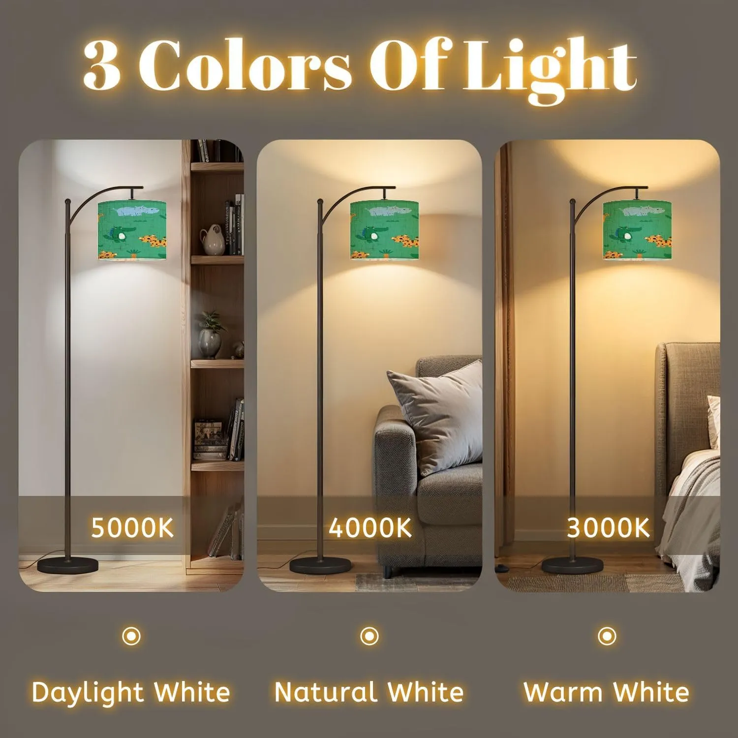 Arc Floor Lamps Pattern Design for Baby Fashion Cute Tiger Alligator Hippo Drawing as Modern LED Adjustable Lampshade Standing Light for Living Room Reading Bedroom Office