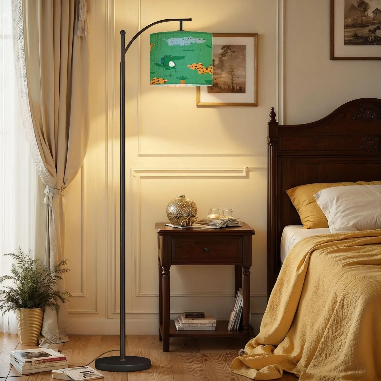 Arc Floor Lamps Pattern Design for Baby Fashion Cute Tiger Alligator Hippo Drawing as Modern LED Adjustable Lampshade Standing Light for Living Room Reading Bedroom Office
