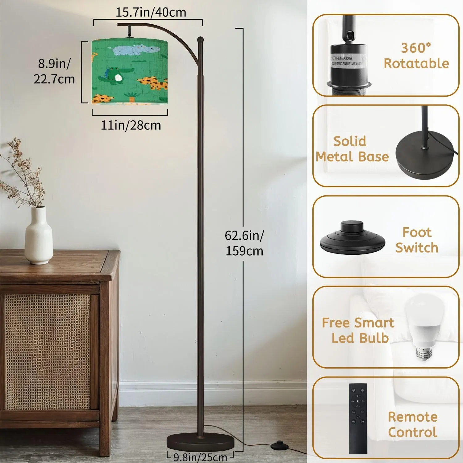 Arc Floor Lamps Pattern Design for Baby Fashion Cute Tiger Alligator Hippo Drawing as Modern LED Adjustable Lampshade Standing Light for Living Room Reading Bedroom Office