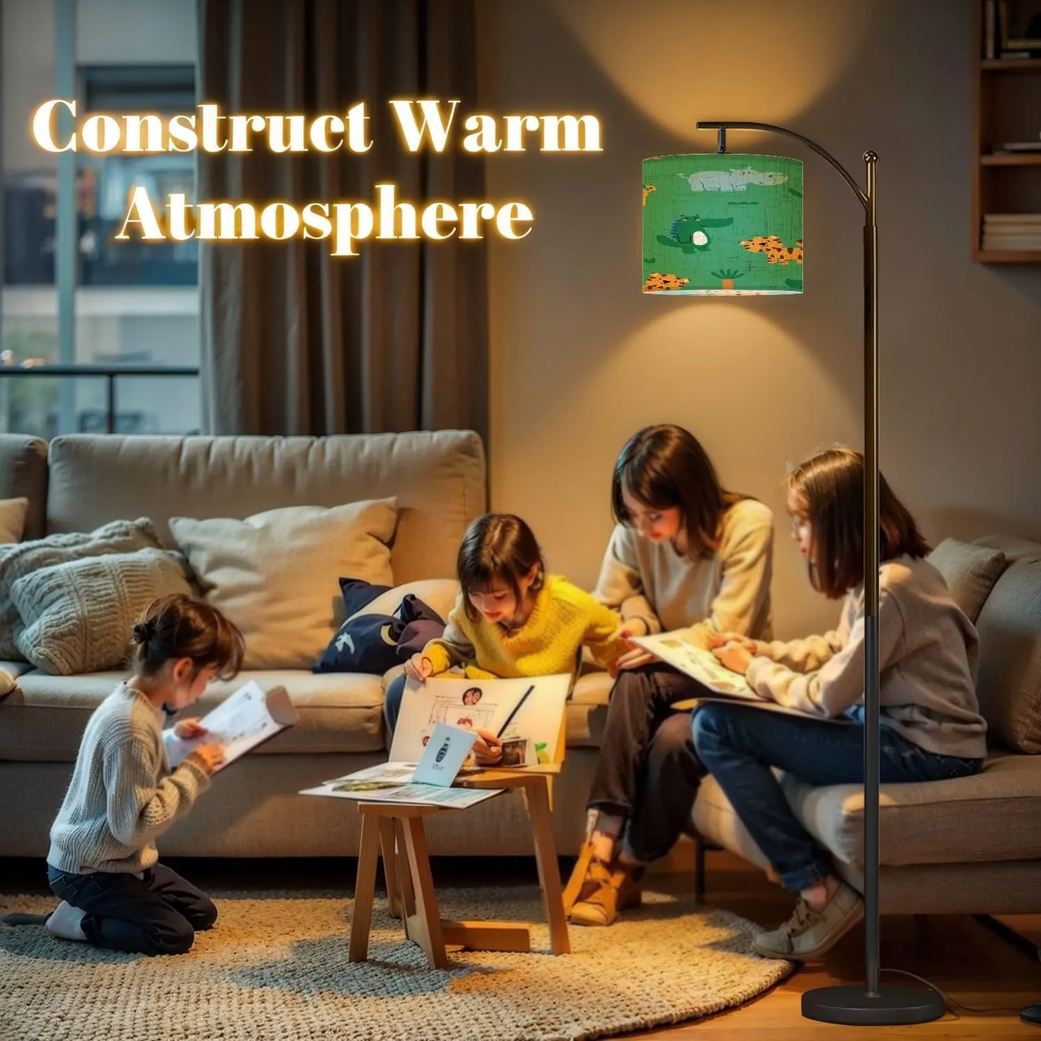 Arc Floor Lamps Pattern Design for Baby Fashion Cute Tiger Alligator Hippo Drawing as Modern LED Adjustable Lampshade Standing Light for Living Room Reading Bedroom Office
