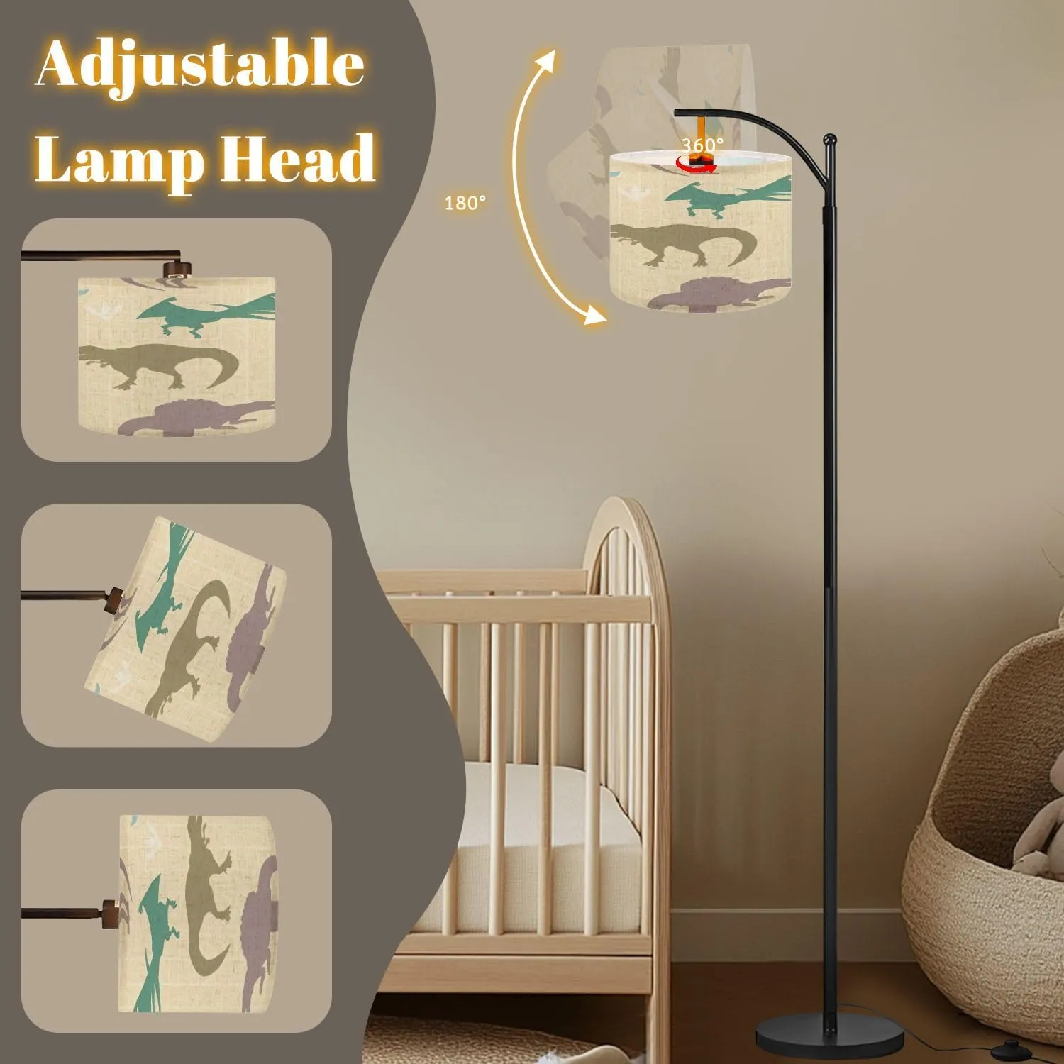 Arc Floor Lamps Seamless Checkered Pattern Dinosaurs Yellow for Fabric Paper Clothing Modern LED Adjustable Lampshade Standing Light for Living Room Reading Bedroom Office