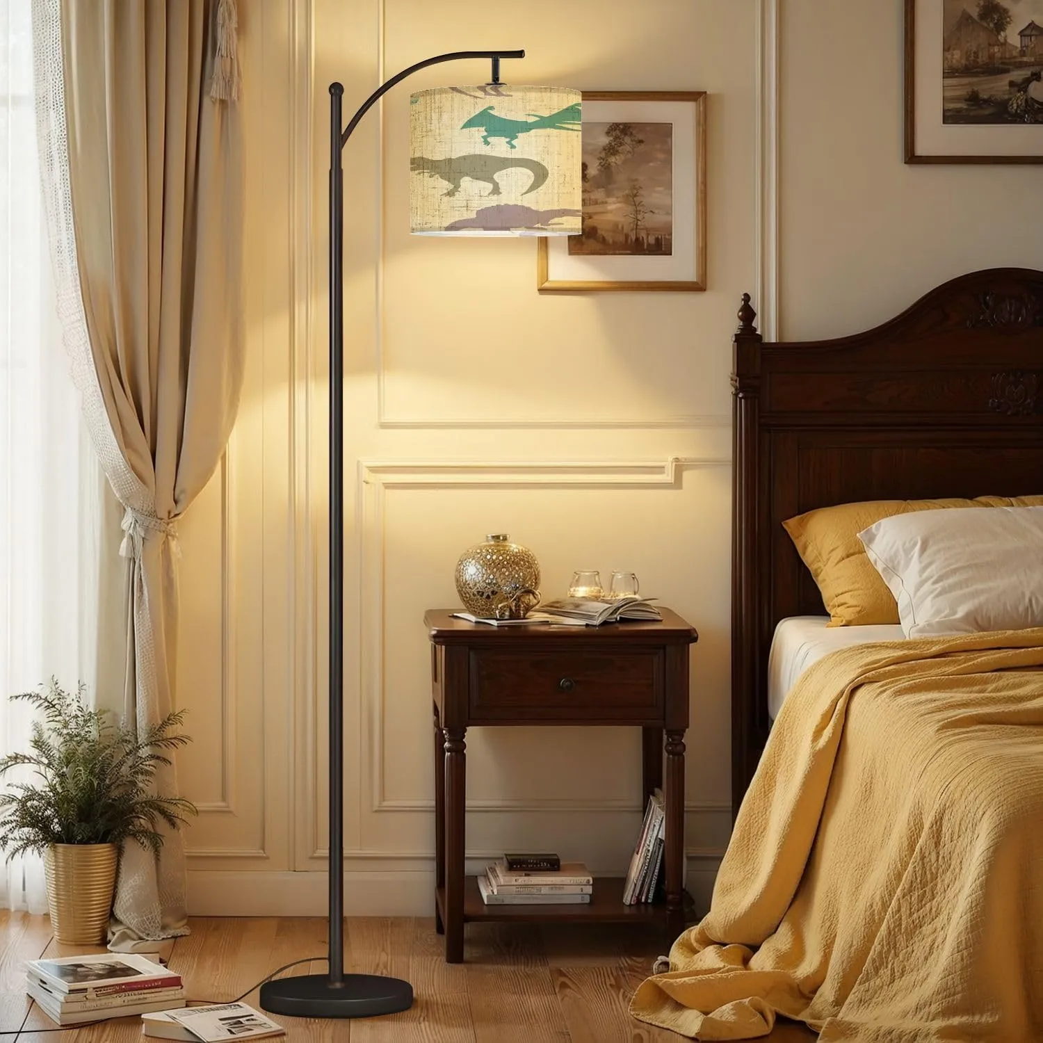 Arc Floor Lamps Seamless Checkered Pattern Dinosaurs Yellow for Fabric Paper Clothing Modern LED Adjustable Lampshade Standing Light for Living Room Reading Bedroom Office