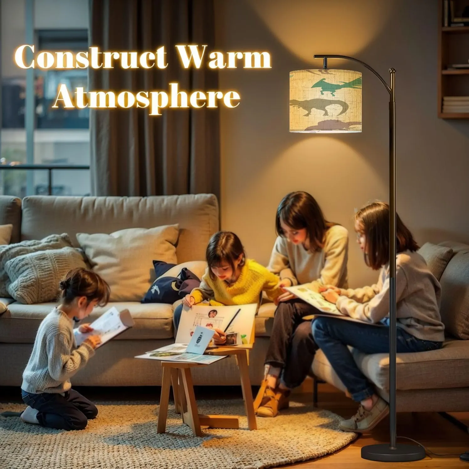 Arc Floor Lamps Seamless Checkered Pattern Dinosaurs Yellow for Fabric Paper Clothing Modern LED Adjustable Lampshade Standing Light for Living Room Reading Bedroom Office