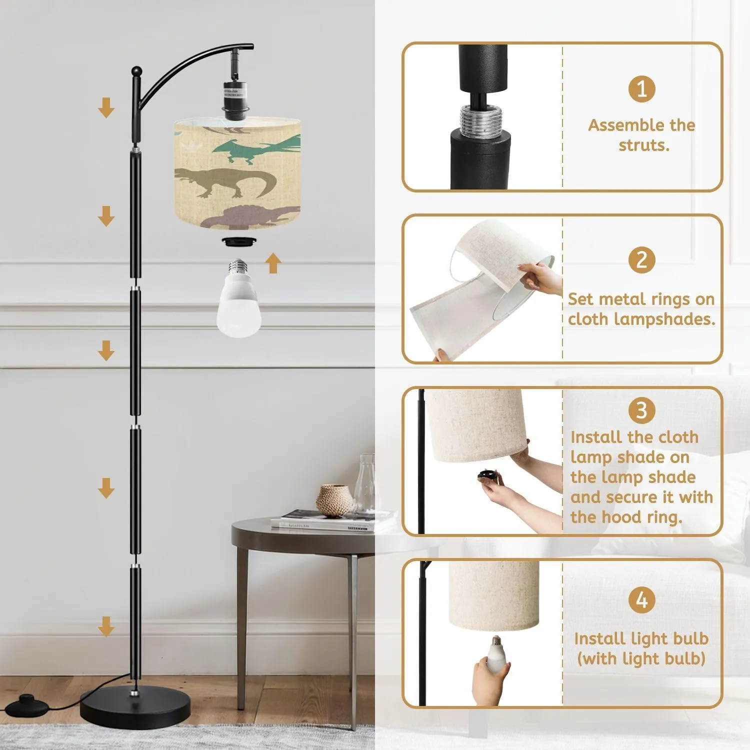 Arc Floor Lamps Seamless Checkered Pattern Dinosaurs Yellow for Fabric Paper Clothing Modern LED Adjustable Lampshade Standing Light for Living Room Reading Bedroom Office