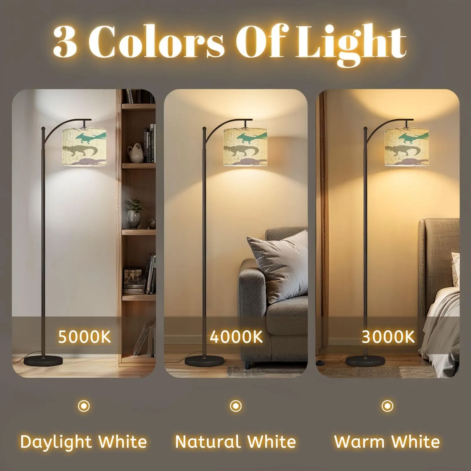 Arc Floor Lamps Seamless Checkered Pattern Dinosaurs Yellow for Fabric Paper Clothing Modern LED Adjustable Lampshade Standing Light for Living Room Reading Bedroom Office