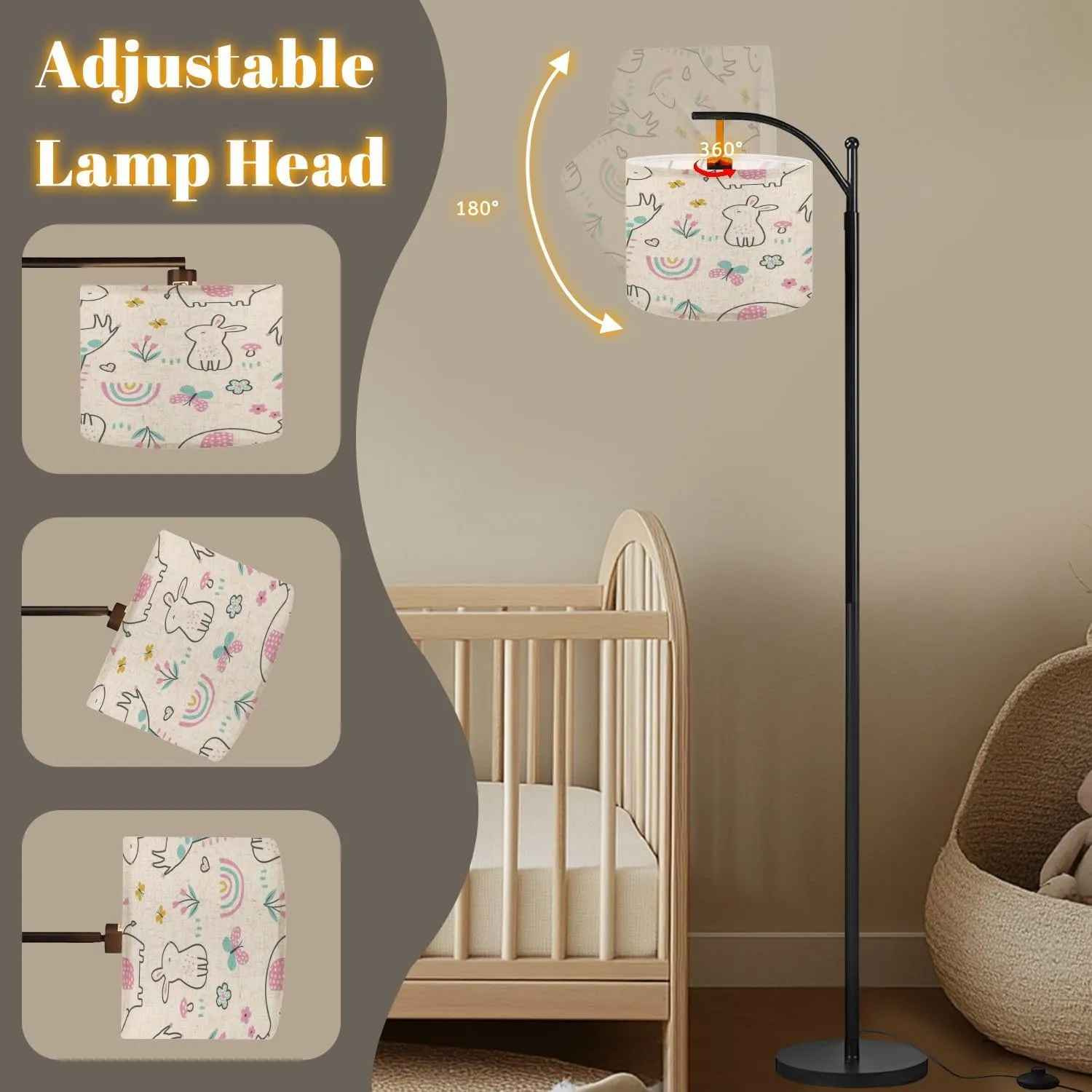 Arc Floor Lamps Seamless Happy Animals Rainbow Pattern Modern LED Adjustable Lampshade Standing Light for Living Room Reading Bedroom Office