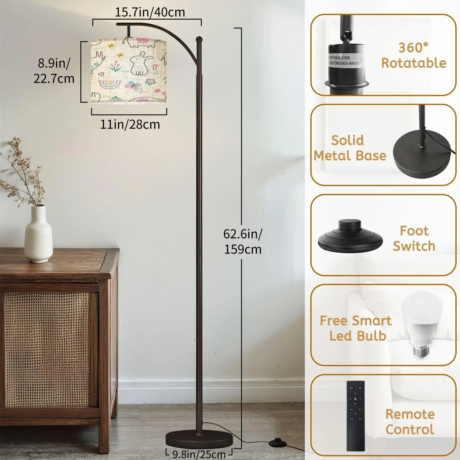 Arc Floor Lamps Seamless Happy Animals Rainbow Pattern Modern LED Adjustable Lampshade Standing Light for Living Room Reading Bedroom Office