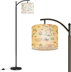 Arc Floor Lamps Seamless Happy Animals Rainbow Pattern Modern LED Adjustable Lampshade Standing Light for Living Room Reading Bedroom Office