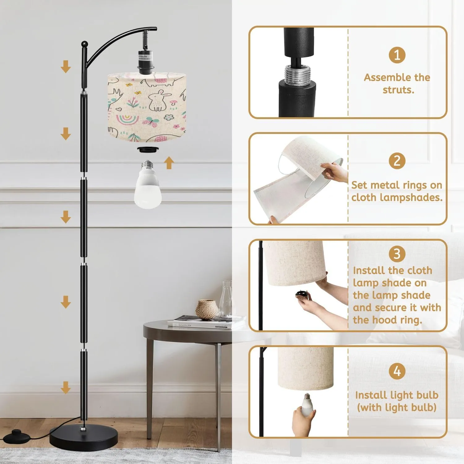 Arc Floor Lamps Seamless Happy Animals Rainbow Pattern Modern LED Adjustable Lampshade Standing Light for Living Room Reading Bedroom Office
