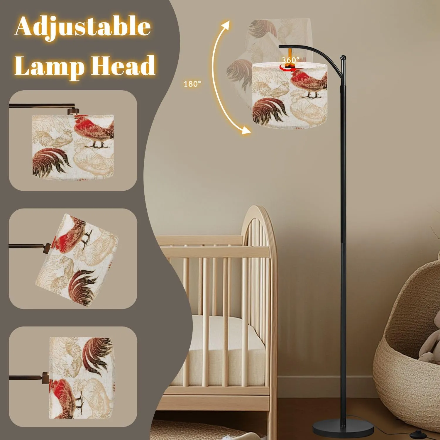 Arc Floor Lamps Seamless Roosters White Modern LED Adjustable Lampshade Standing Light for Living Room Reading Bedroom Office