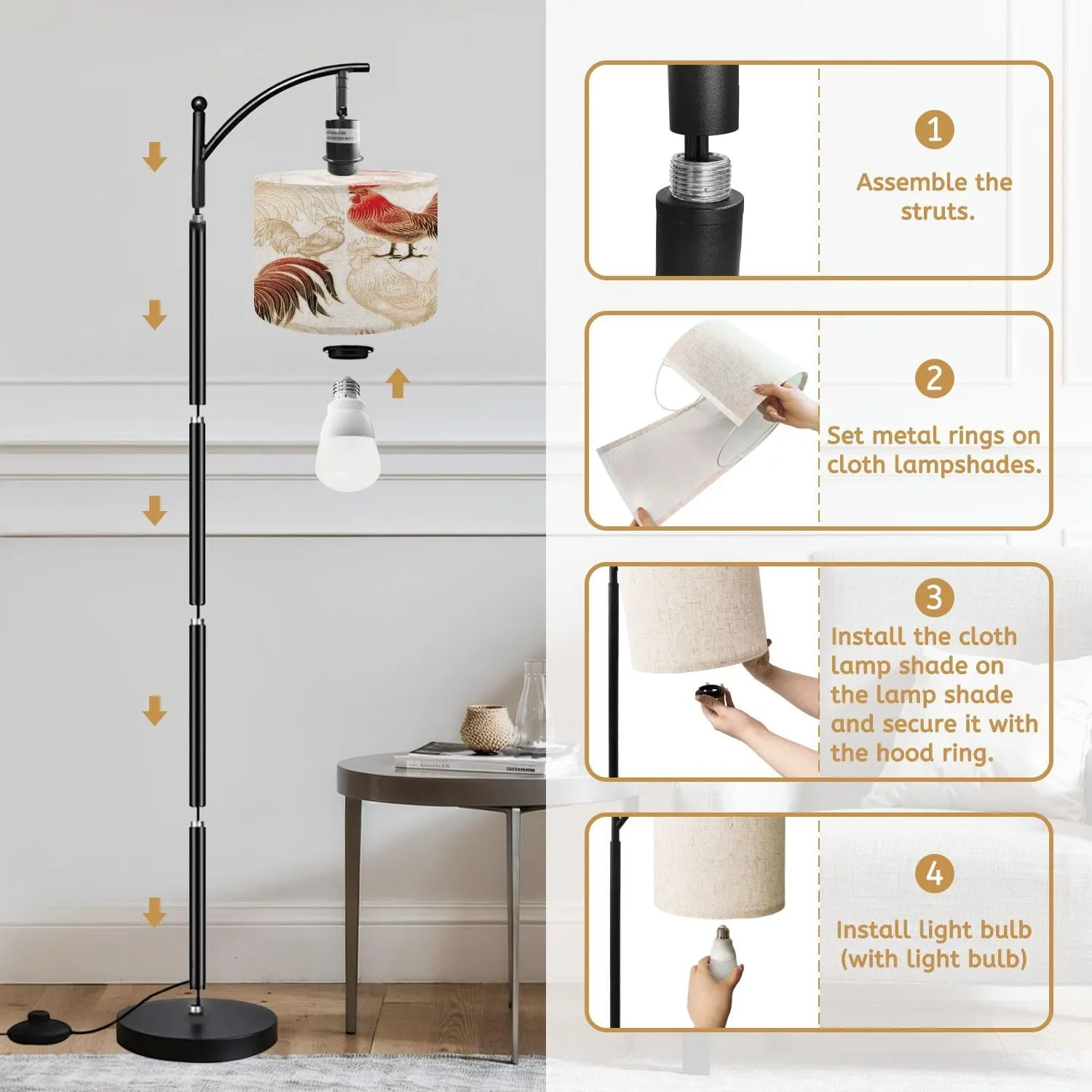 Arc Floor Lamps Seamless Roosters White Modern LED Adjustable Lampshade Standing Light for Living Room Reading Bedroom Office