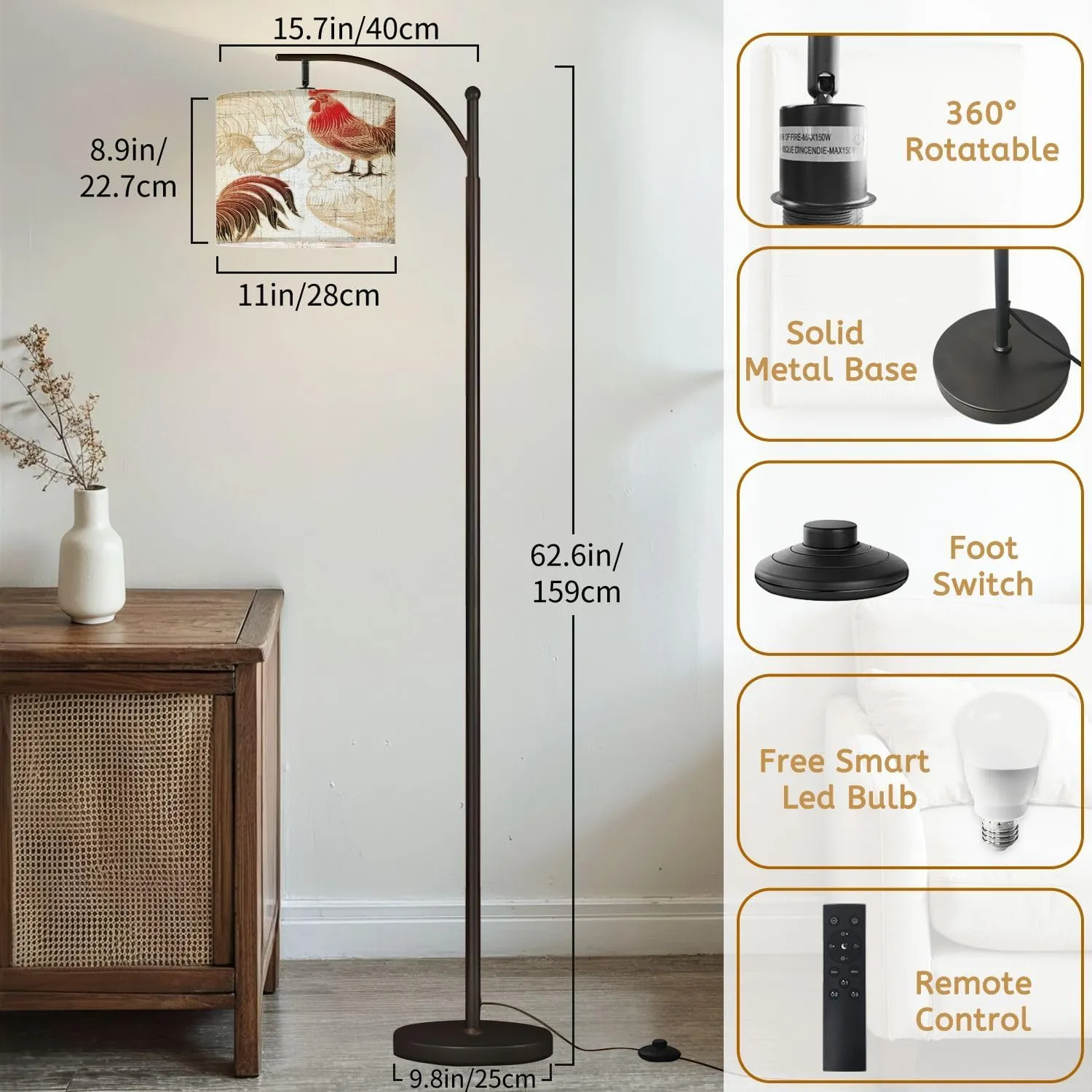 Arc Floor Lamps Seamless Roosters White Modern LED Adjustable Lampshade Standing Light for Living Room Reading Bedroom Office