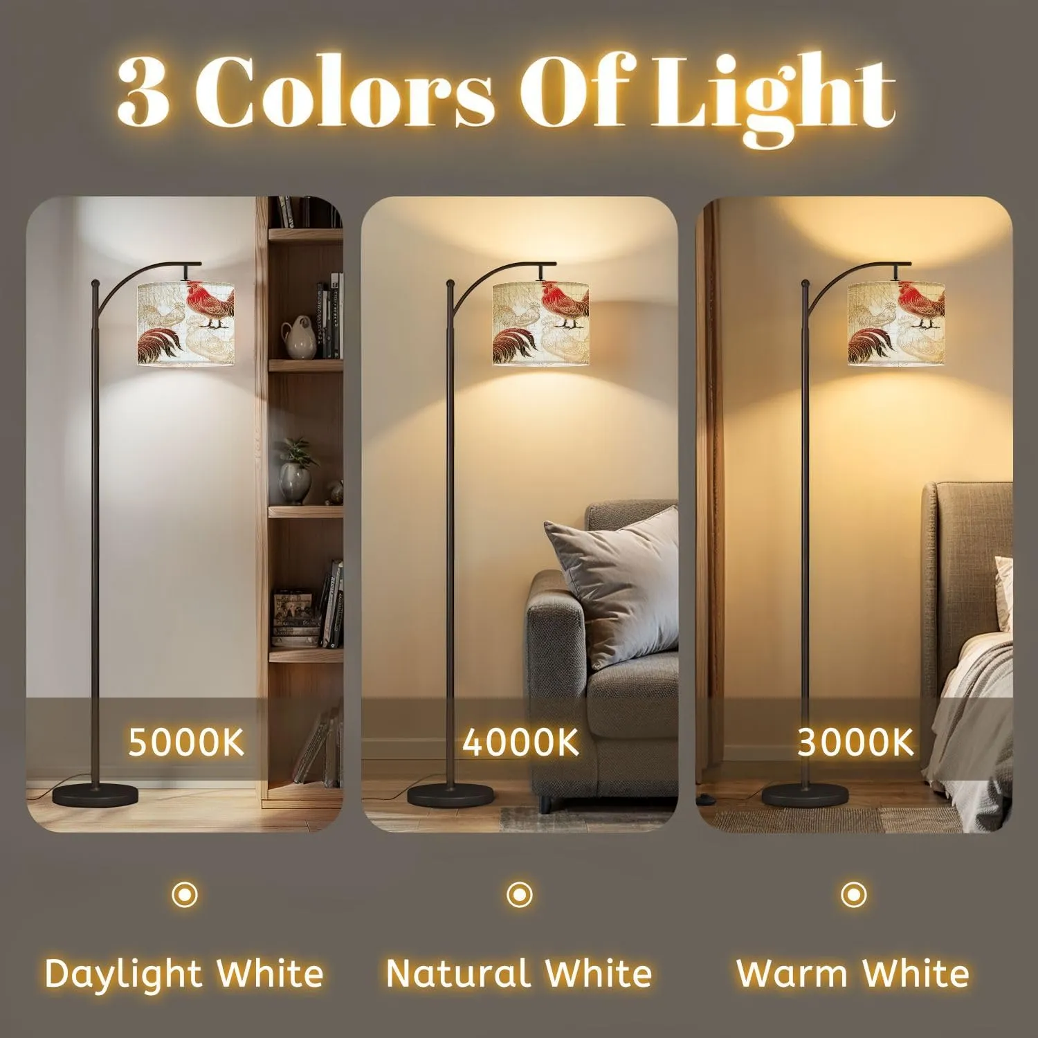 Arc Floor Lamps Seamless Roosters White Modern LED Adjustable Lampshade Standing Light for Living Room Reading Bedroom Office