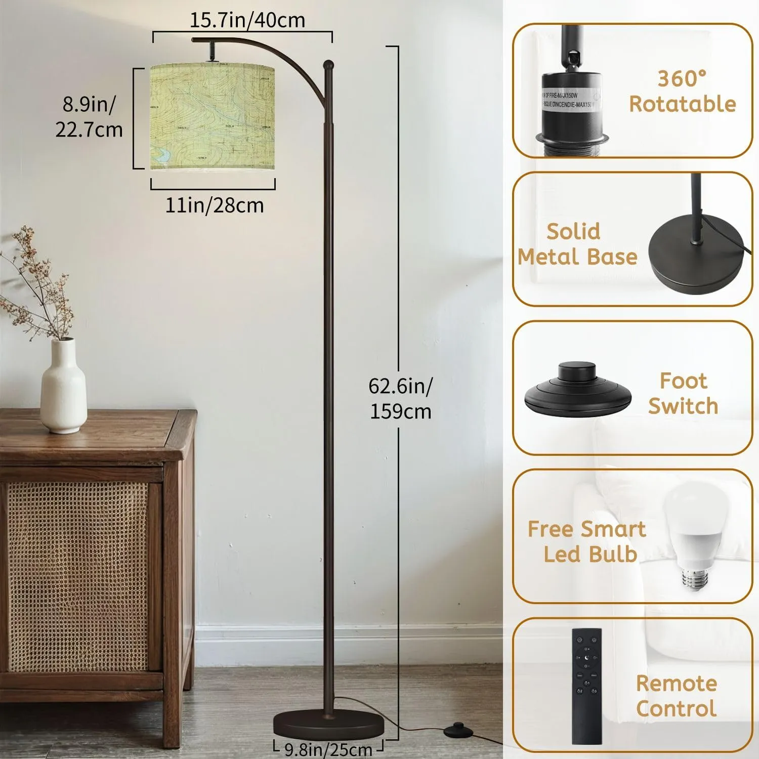 Arc Floor Lamps Topographic map Modern LED Adjustable Lampshade Standing Light for Living Room Reading Bedroom Office