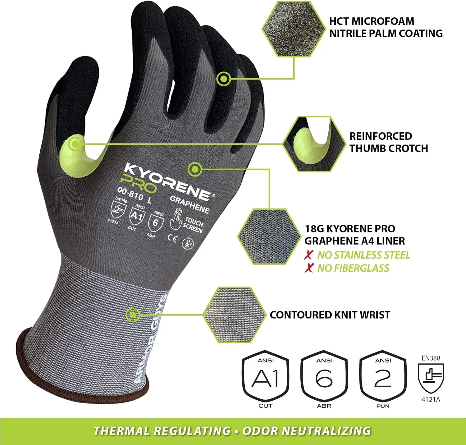 Armor Guys Kyorene Pro Graphene Protective Work Gloves - MicroFoam Nitrile Palm Coating Grip Gloves for Safety - XL, 3/pk