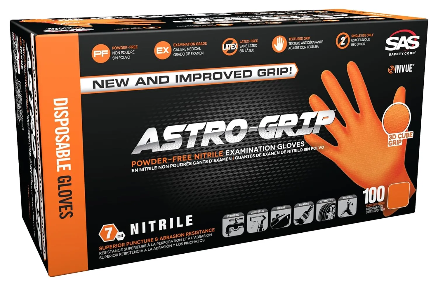 Astro-Grip Powder-Free Exam Grade Nitrile Disposable Gloves. Size X-Large, Orange, 7 mil Thickness. Chemical and Puncture Resistant. Single-Use. Pack of 100. (66474)