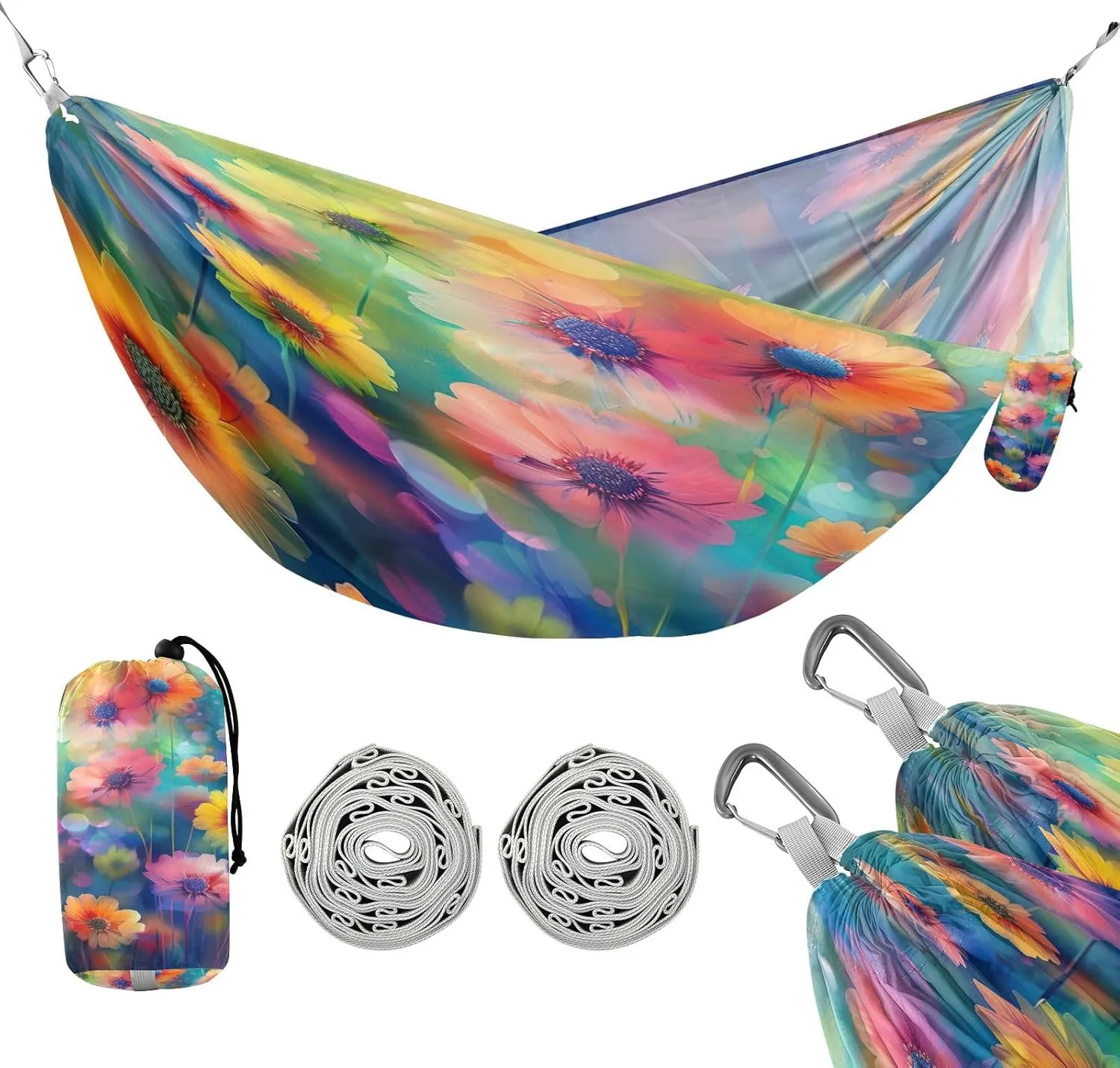 ATTX Colorful Flowers Painting Camping Hammock - Lightweight & Portable Hammocks, Heavy Duty 330lbs Capacity for Indoor, Hiking, Backpacking, Travel, Backyard, Beach#29