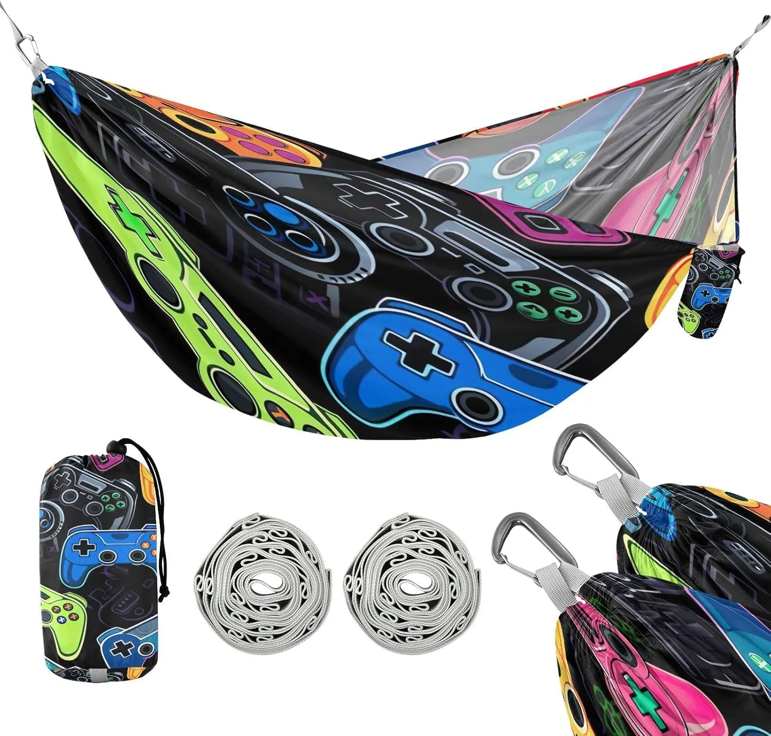 ATTX Colorful Video Game Controllers Camping Hammock - Lightweight & Portable Hammocks, Heavy Duty 330lbs Capacity for Indoor, Hiking, Backpacking, Travel, Backyard, Beach#337