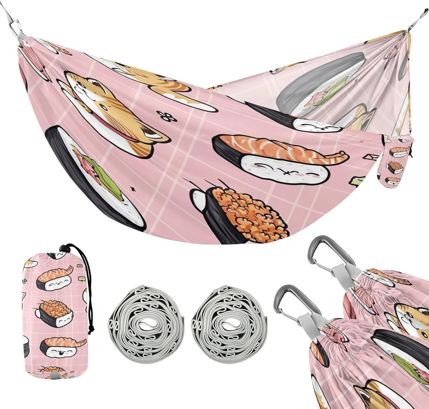 ATTX Sushi Kawaii Pattern Camping Hammock - Lightweight & Portable Hammocks, Heavy Duty 330lbs Capacity for Indoor, Hiking, Backpacking, Travel, Backyard, Beach#484