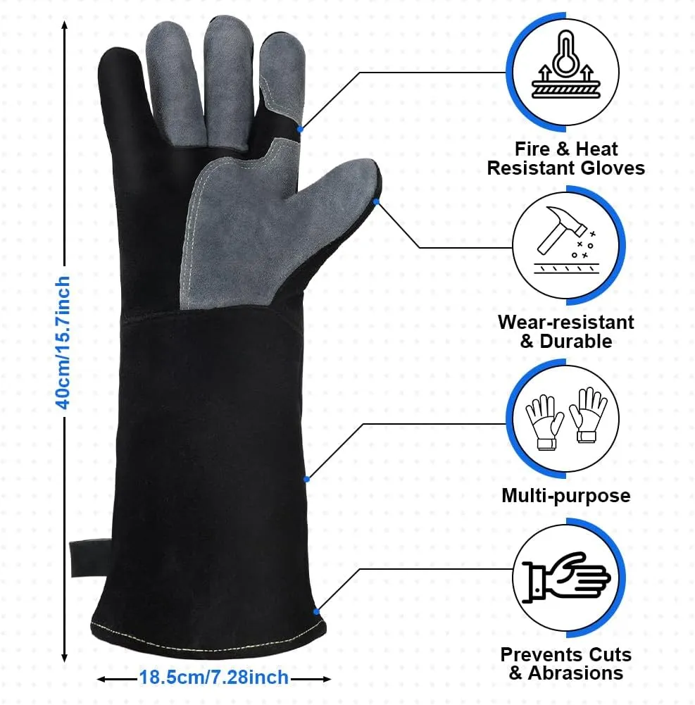 AUAUY Heat & Fire Resistant Gloves Leather BBQ Gloves Wear Resistant Heavy-Duty Welding Gloves for Grinding,Baking,Gardening