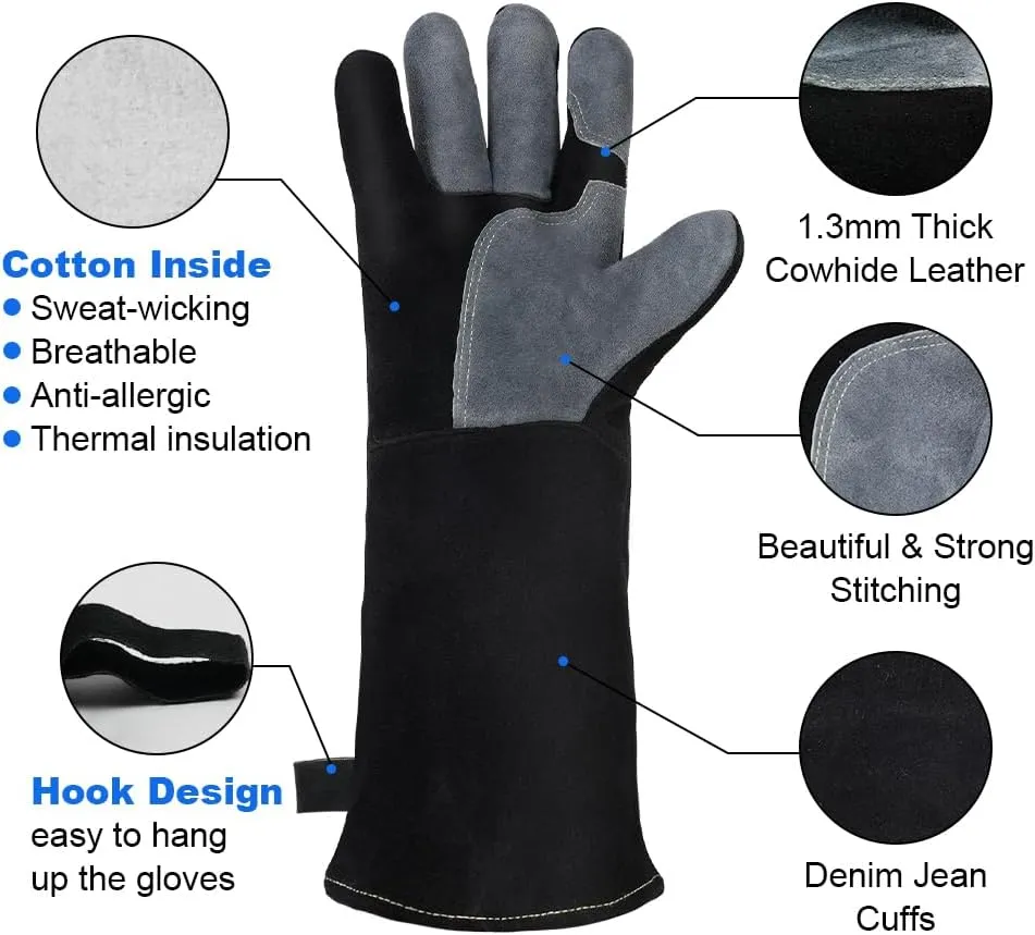 AUAUY Heat & Fire Resistant Gloves Leather BBQ Gloves Wear Resistant Heavy-Duty Welding Gloves for Grinding,Baking,Gardening