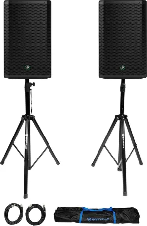 Audiosavings Bundle: (2) Mackie Thrash215 15" 1300W Powered Active DJ PA Speaker Thrash 215 Bundle with (1) Pair of Rockville Adjustable Tripod Speaker/Light Stands (2) 20 Foot XLR Cables (3 Items)