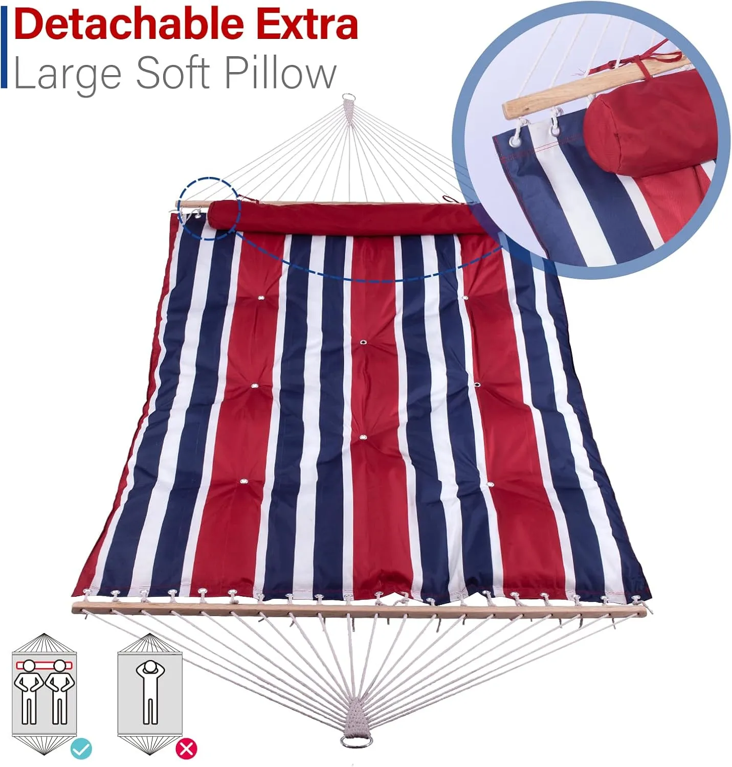 Backyard Expressions Extra Padded Reversible Quilted Hammock - Single or Double Hammock for Outdoor Relaxation with Matching Pillow,Red/Blue